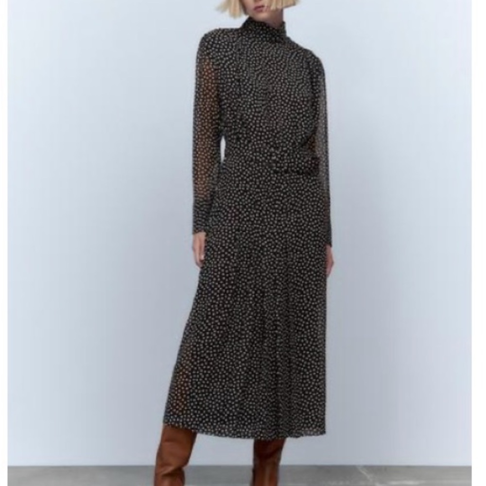 NWT Zara Black and White Polka Dot Long Sleeve Dress